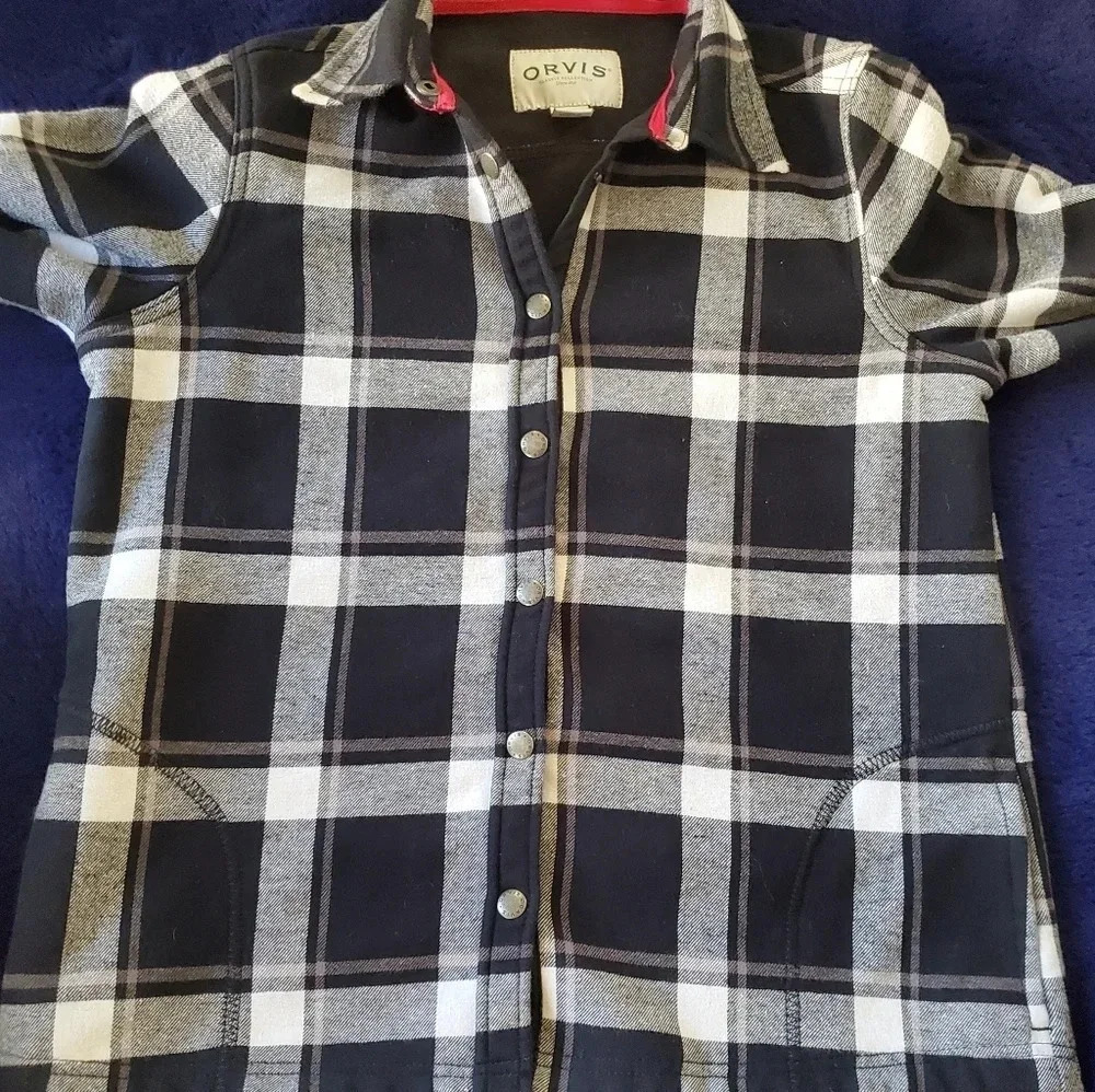 ORVIS woman's black & white plaid shirt jacket fleece lined